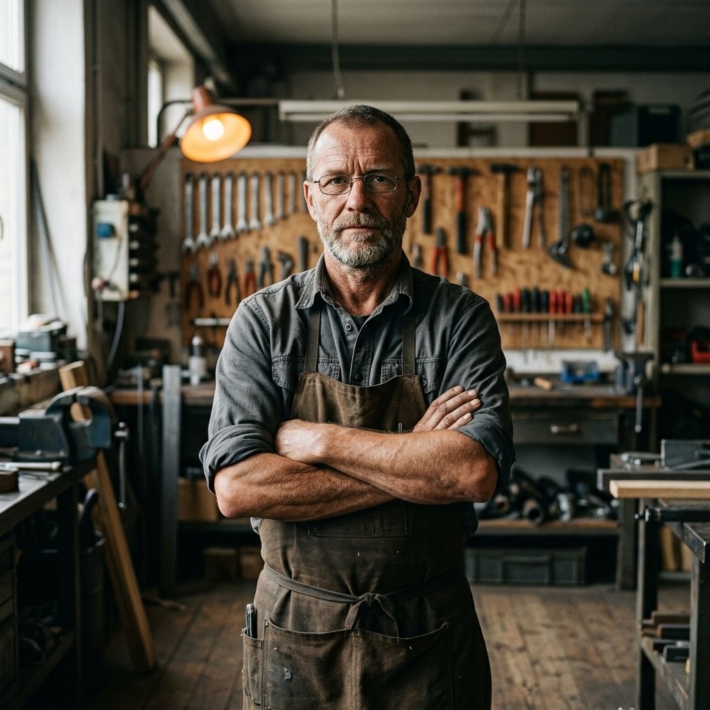 Portraitfoto von Klaus Böhmer mit dunklem Blazer vor gedämpftem Werkstatthintergrund