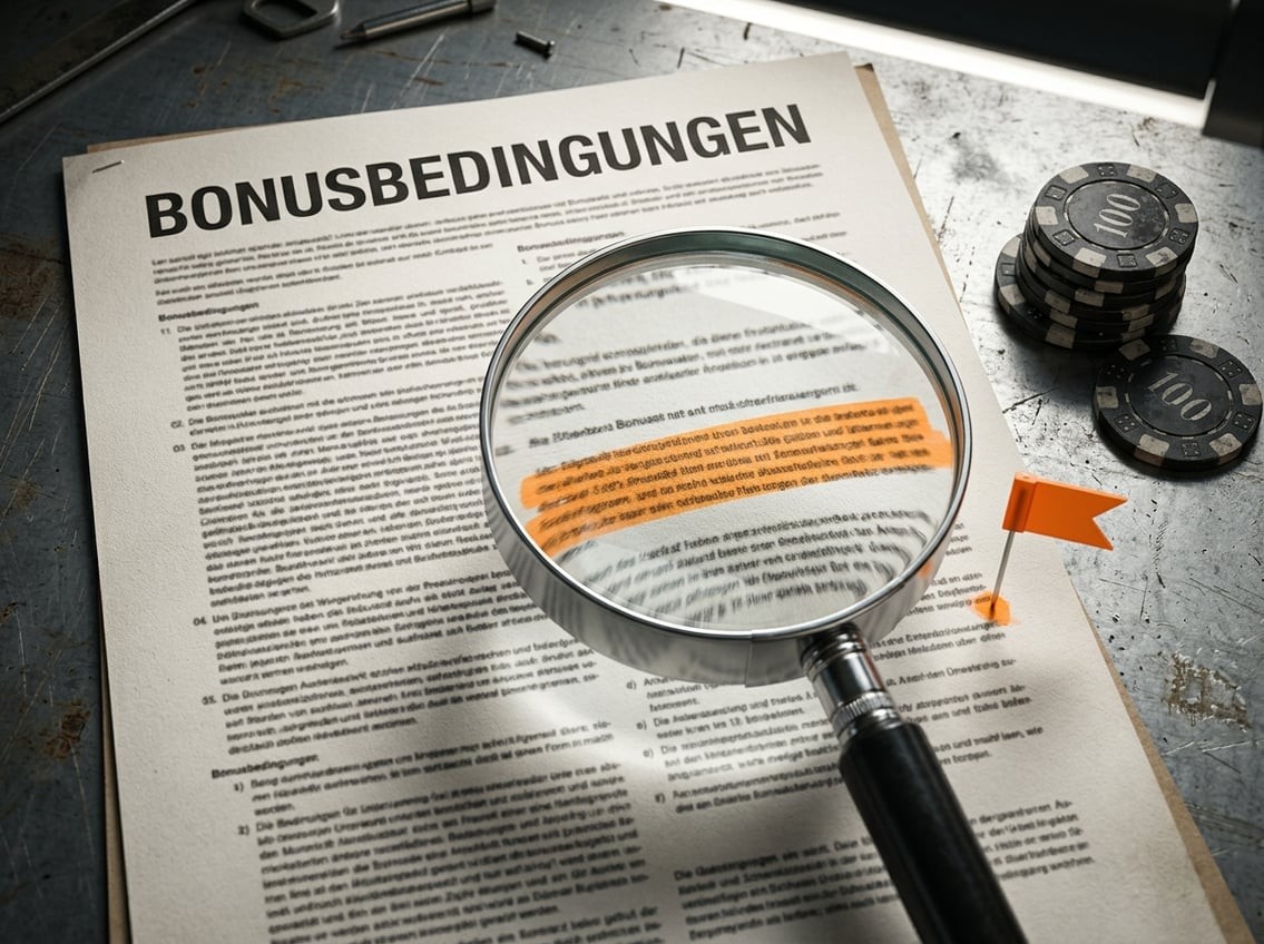 Werkbank-Nahaufnahme mit aufgeschlagenem AGB-Dokument, Lupe über feingedrucktem Text, Casino-Chips daneben und orangefarbenem Markierstift