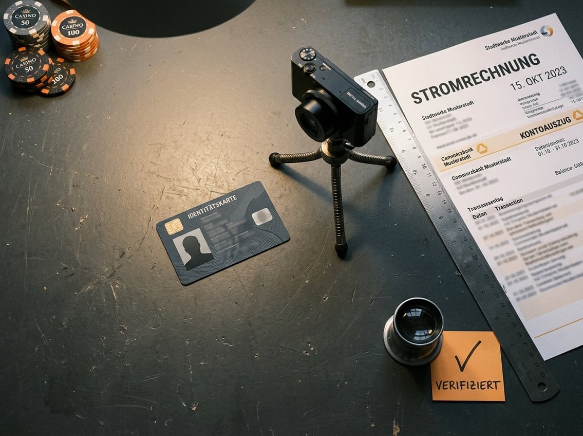 Werkbank-Ansicht mit Personalausweis auf mattem Untergrund, Smartphone-Kamera, Stromrechnung und Kontoauszug als Adressnachweis, Werkzeugkasten im Hintergrund