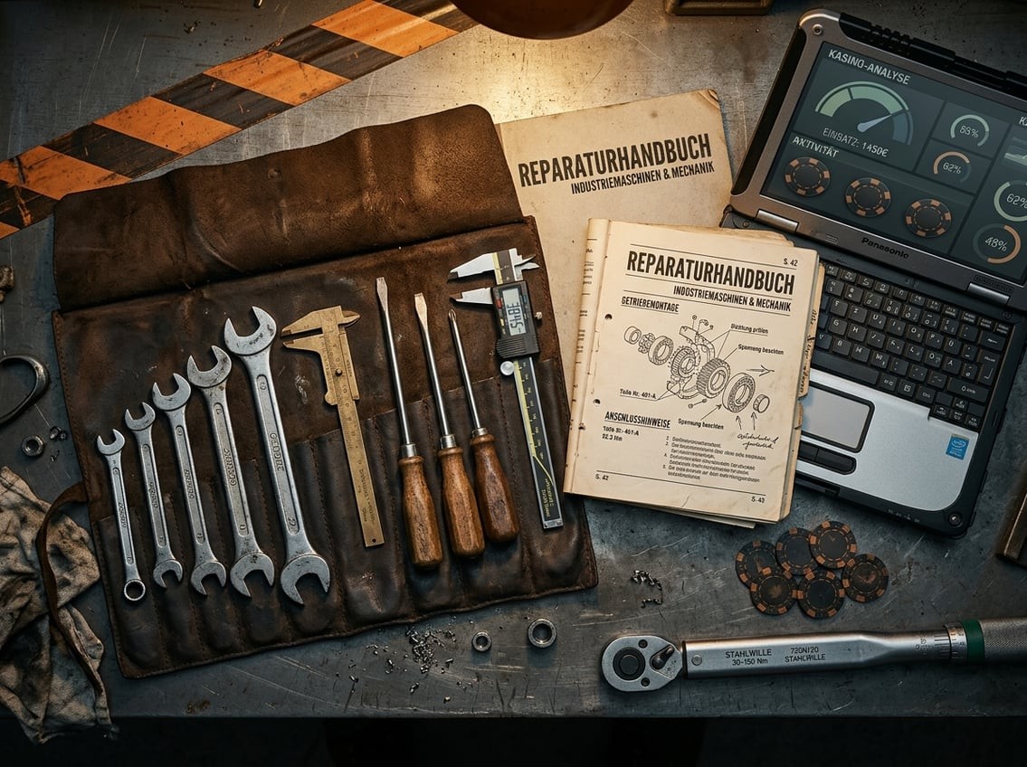 Werkbank-Aufsicht mit geöffnetem Werkzeugkasten, Schraubenzieher, Multimeter und aufgeschlagenem Reparaturhandbuch neben einem Laptop mit Casino-Bildschirmoberfläche, in gedämpften Stahlgrau- und Sicherheitsorange-Tönen