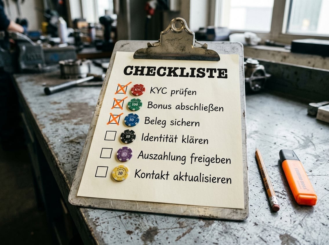Nahaufnahme einer aufgeschlagenen Reparatur-Checkliste auf Werkbank mit angekreuzten Kästchen und einem Stift, ergänzt um Casino-Chips als Symbole für die geprüften Punkte