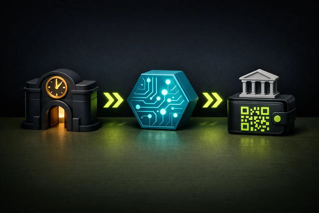 Drei Flowchart-Knoten mit Casino-Portal mit Uhr, hexagonalem Payment-Processing-Node in Cyan und Split-Symbol Bank plus Wallet, verbunden durch lime Chevron-Pfeile, Illustration Auszahlungskette