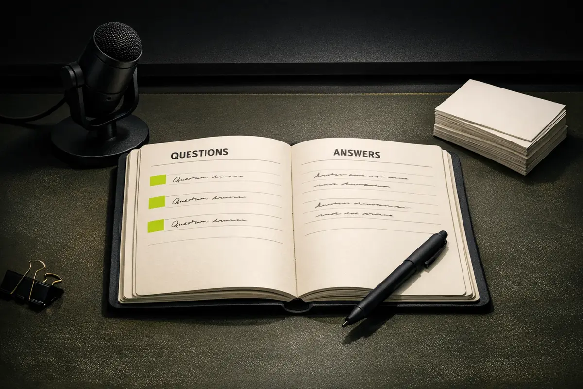 Casino ohne Limit FAQ Editorial Desk Illustration mit offenem Notebook und Q und A Format