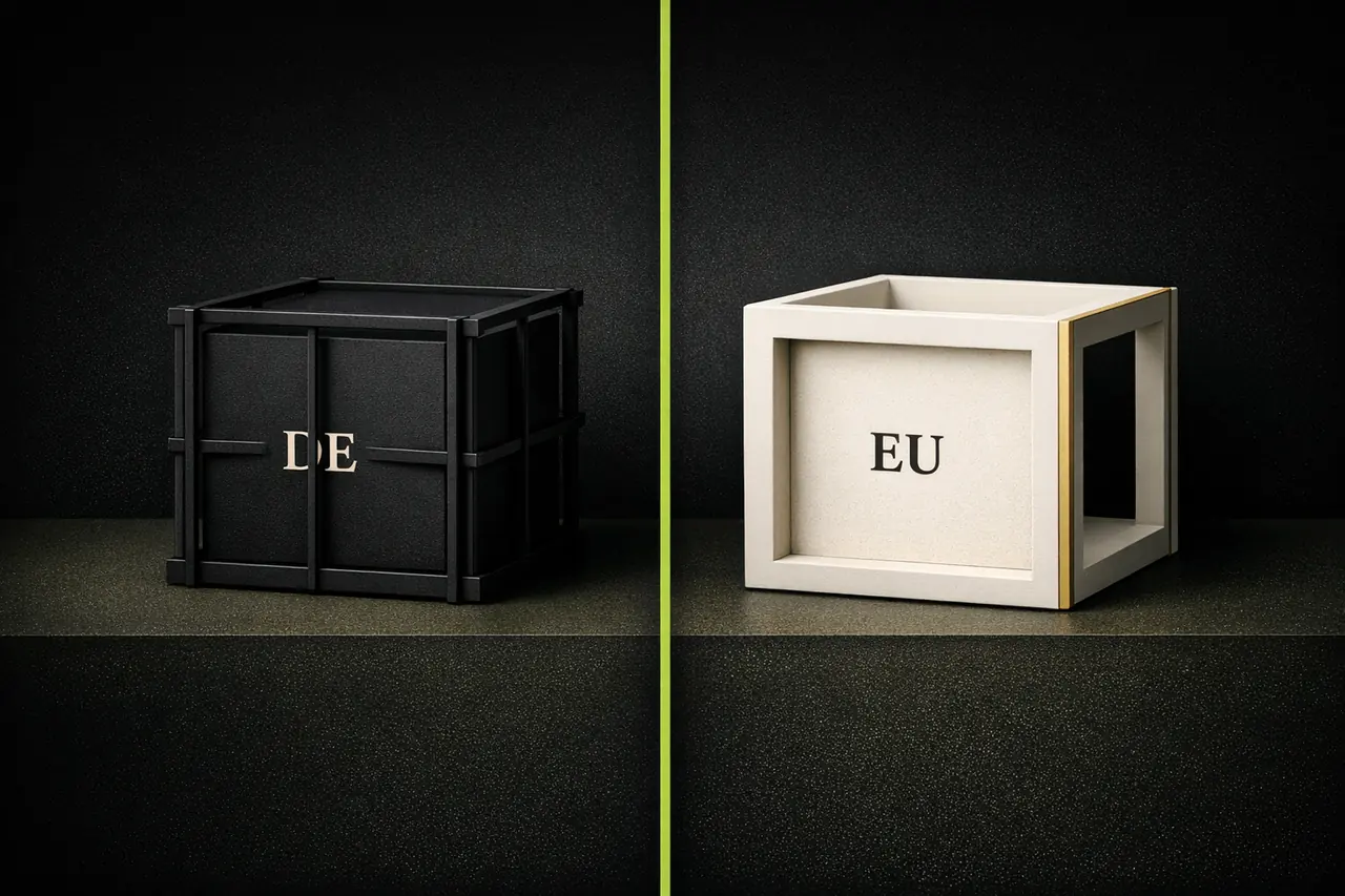 Split-Vergleich zwischen einem eingezäunten DE-Würfel und einem offenen EU-Rahmen, Illustration GGL-Casino gegen Offshore-Casino