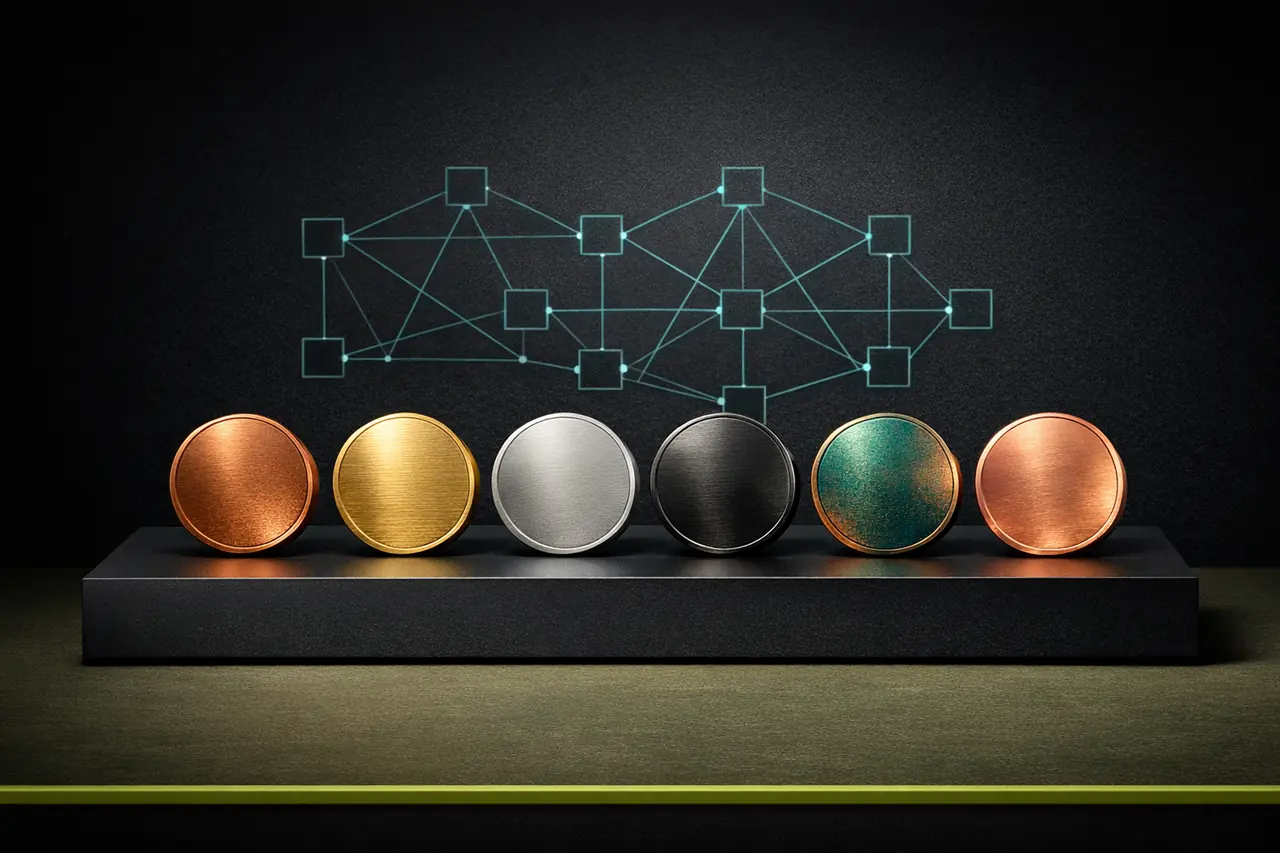 Sechs metallische Kryptowährungs-Token in horizontaler Museum-Ausstellung auf mattschwarzem Sockel, verschiedene Metallic-Finishes, blockchain-Node-Diagramm in Cyan im Hintergrund