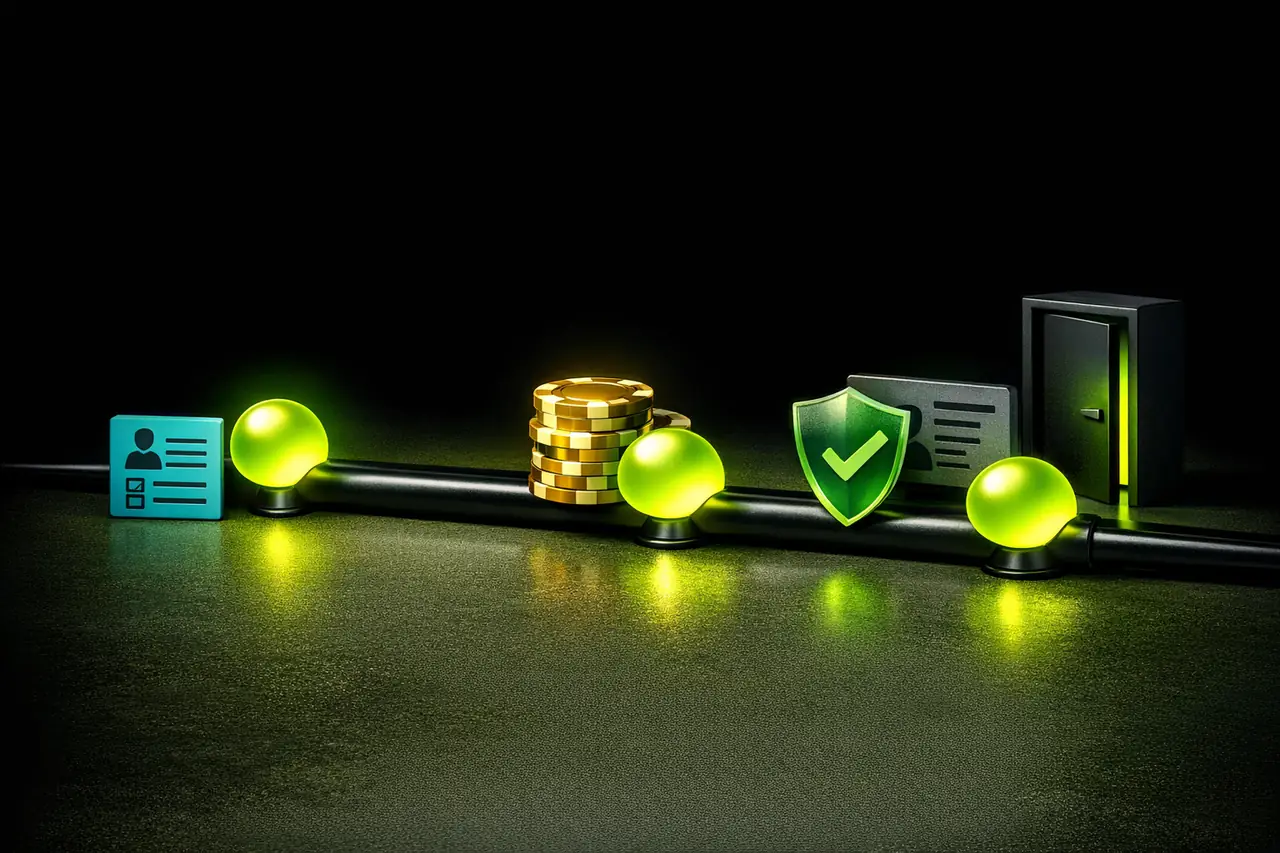Zeitstrahl auf polierter mattschwarzer Schiene mit drei lime Wegpunkten, Registrierungsformular links, Casino-Chips in der Mitte und Ausweis mit Verifizierungsschild rechts, Illustration deferred KYC Timeline