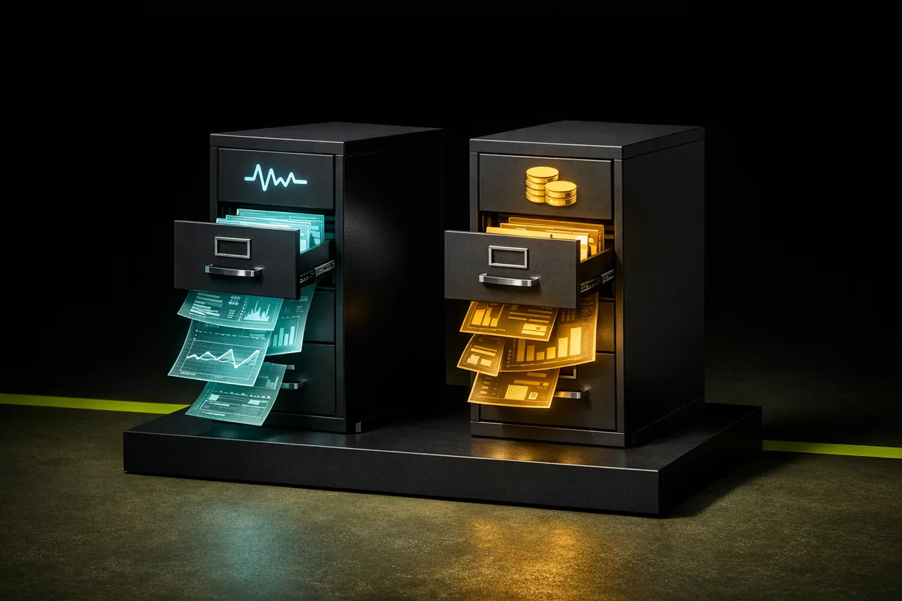 Zwei matte Aktenschränke nebeneinander, links LUGAS Aktivitätsdatei mit fluoreszierenden Session-Records, rechts LUGAS Limitdatei mit Gold-Einzahlungskarten, editoriale Studio-Beleuchtung