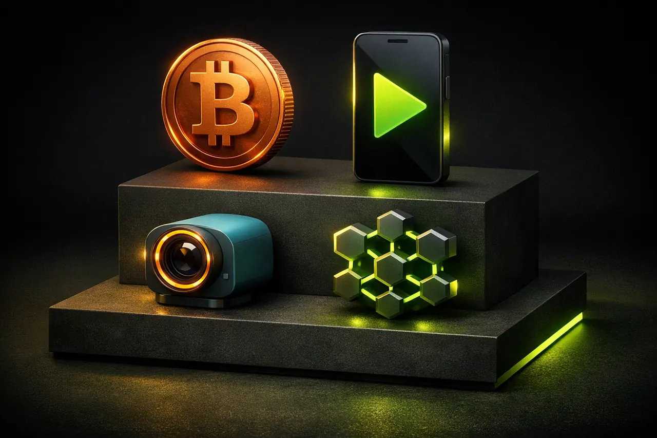 Vier Tech-Stack-Icons in 2x2-Grid mit Bitcoin-Token in Kupfer, Smartphone mit Play-Chevron in Lime, Live-Stream-Kamera in Cyan und AI-Node-Cluster mit lime Verbindungen, Illustration Casino-Innovation