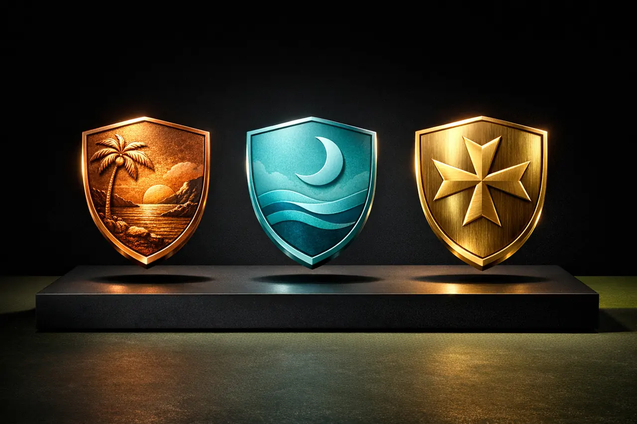 Drei metallische Lizenz-Schilde nebeneinander, Curaçao in kupfer, Anjouan in matter Cyan und Malta MGA in poliertem Gold, Illustration Offshore-Lizenzen im Vergleich