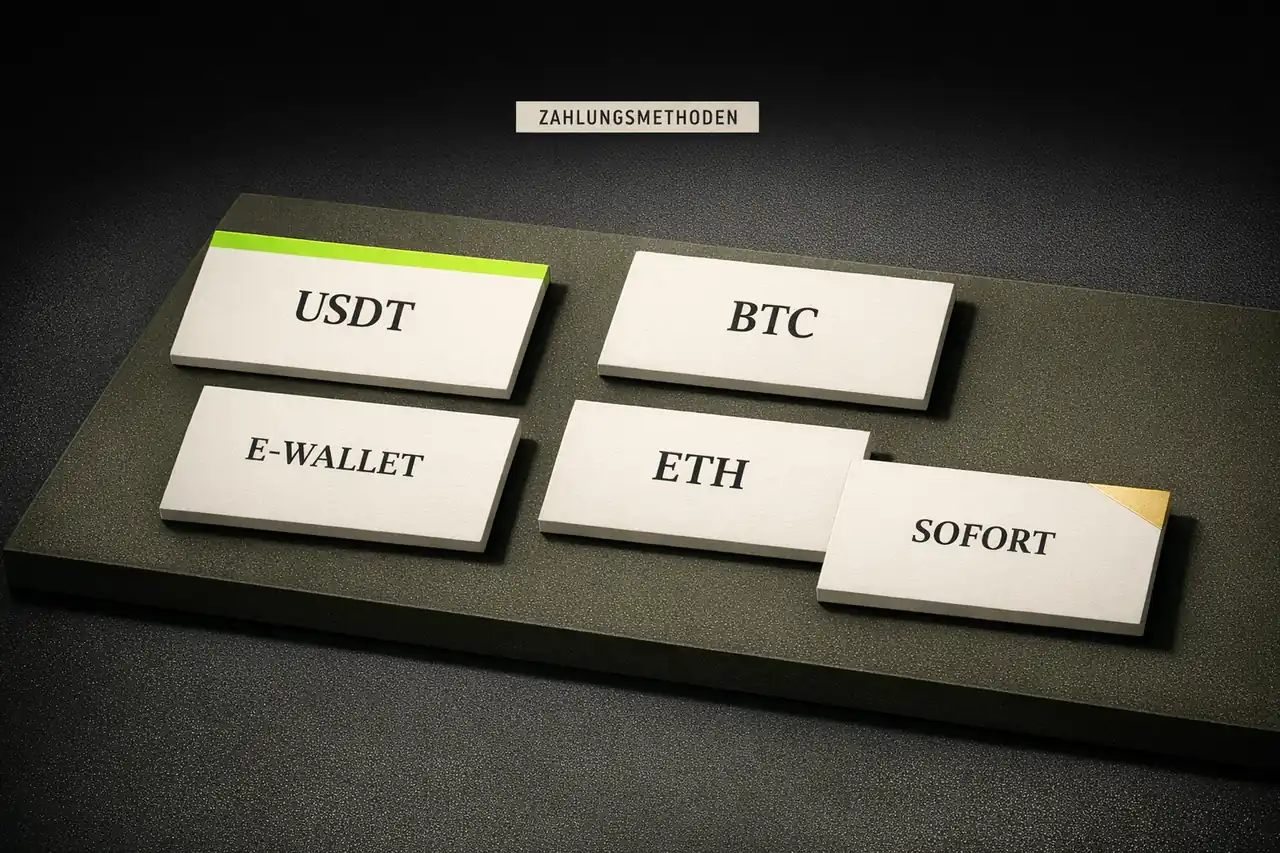 Editorial Rendering verschiedener Zahlungsmethoden-Tiles für Online Casinos, Übersicht Krypto E-Wallet Sofortüberweisung